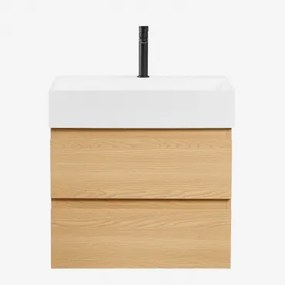 Zestaw Wiszących Mebli Łazienkowych Z Drewna I Forniru Jesionowego Zintegrowany Z Umywalką Ona Naturalna & Bezlusterkowiec & - Sklum