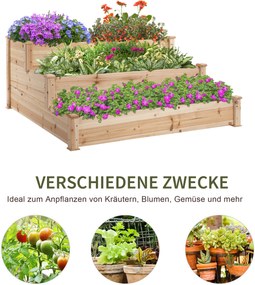 Outsunny Podwyższona Grządka Drewniana 3Poziomowa Rabata Ogrodowa 124x124x56cm Naturalne Drewno | Aosom PL