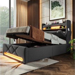 Łóżko tapicerowane pojedyncze ze schowkiem - 90 x 200 cm - 360° LED + Zagłówek z USB i Type-C - tkanina lniana - szary