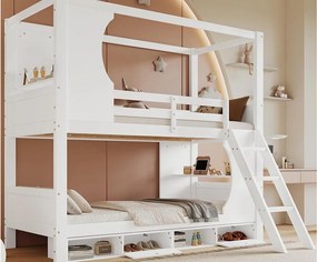 Łóżko piętrowe 90×200 cm - z drabiną bezpieczeństwa - 4-przedziałowa szafka na buty - z półkami - Drewno lite + MDF - biały