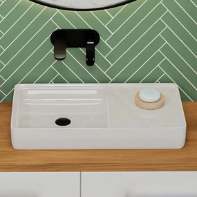 Umywalka ceramiczna nablatowa prostokątna biała z dużą półką na mydło 76 x 40 cm GERA