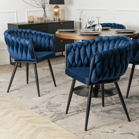 Krzesło Tapicerowane Plecione do Salonu ELENA Granatowe Welurowe Nowoczesne Loft