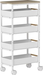 HOMCOM 5-poziomowy wózek kuchenny, drewnopodobny, mobilny, metalowa rama, 4 szuflady, Biały
