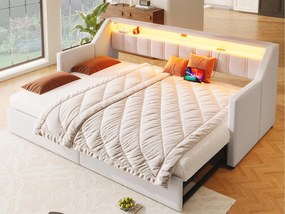 Sofa z funkcją spania 90x200cm - z USB + Type-C - z oświetleniem LED - z 2 szufladami - beżowa (bez materaca)