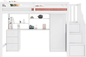 Łóżko antresolowe 90 x 200 cm z biurkiem + 3 szufladami i szafą + schody do przechowywania - Drewno - Białe