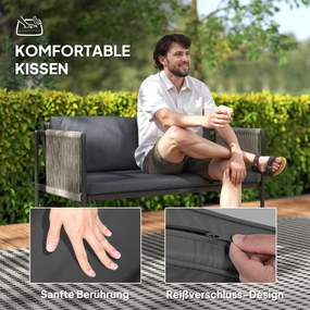 Outsunny 4-elementowy zestaw mebli ogrodowych: 1 sofa, 2 fotele, 1 stolik z blatem szklanym, poduszki, stelaż stalowy, rattan syntetyczny, Szary
