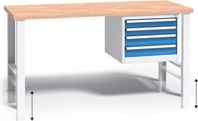 Stół warsztatowy z regulacją wysokości G3, 1500 x 685 x 840-1050 mm, 1x 4 szufladowy kontener, niebieski