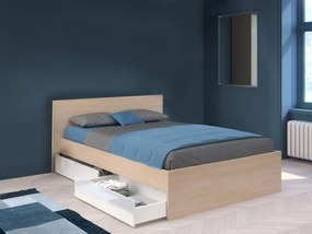 Łóżko z 2 szufladami 140 x 190 cm - Naturalny i biały z połyskiem + Stelaż + Materac - VELONA