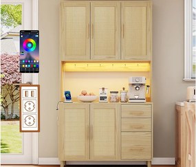 Kredens kuchenny 100×40×183 cm - z USB i gniazdkiem - z oświetleniem LED - 5 drzwi i 3 szuflady - naturalny