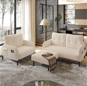 Zestaw wypoczynkowy 3-osobowy - 120 x 75 x 79 cm - z podnóżkiem + sofa 2-osobowa + fotel - Velvet - beżowy