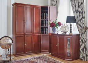 Szafa narożna gabinetowa Diamante. W dolnej części znajdują się półki, w górnej części można zamontować półki lub drążek. Szafa fornirowana klasyczna biurowa idealna do kancelarii lub biura.