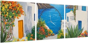 Obraz - Grecka uliczka (z zegarem) (90x30 cm)