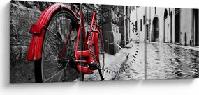 Obraz czerwonego roweru na brukowanej uliczce (z zegarem) (90x30 cm)