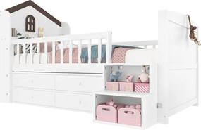 Łóżko piętrowe dla dzieci 90×200 cm - 4 szuflady - Taśma LED - Ze schodami ze schowkiem - Białe (materac nie jest zawarty)