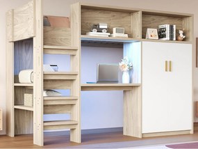 Łóżko na antresoli 90 x 200 cm - z biurkiem i szafą - z półkami - z oświetleniem LED - naturalny (materac nie jest wliczony w cenę)