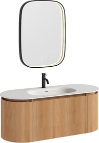 Wisząca szafka łazienkowa prążkowana z drewna jesionowego z umywalką wpuszczaną, baterią i lustrem – Jasny naturalny - szer. 120 cm - LILIKO
