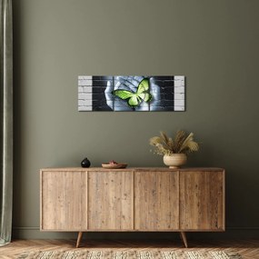 Obraz - Zielony motyl w ścianie (z zegarem) (90x30 cm)