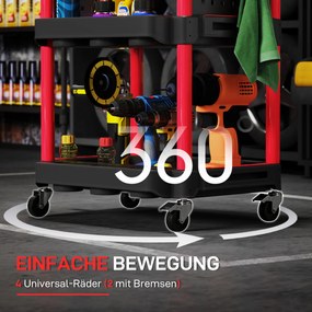 HOMCOM Wózek narzędziowy, trzy poziomy półek, 4 koła, plastik, 10 haków, Czerwony