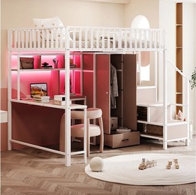 Łóżko piętrowe metalowe dla dzieci - 140 x 200 cm - z biurkiem + półką + szafą + szufladą + drabinką + diodami LED - białe