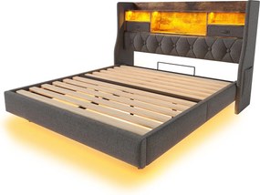 Łóżko dla dorosłych 140 x 200 cm - łóżko dwuosobowe z 2 kieszeniami bocznymi i 2 szufladami - len szary - materac w zestawie