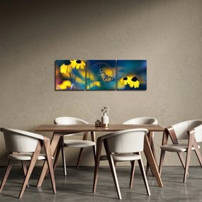 Obraz - Żółty motyl z kwiatami (z zegarem) (90x30 cm)