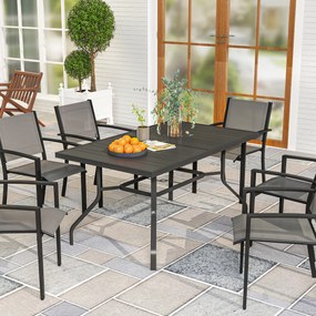 Outsunny Stół Ogrodowy 152x90 cm, Stół Balkonowy Odporny na Warunki Pogodowe, z Otworem na Parasol, Design z Lamelami, Czarny