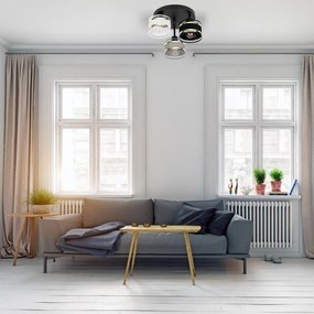 Lampa sufitowa czarna trzypunktowa z szaro-czarno-białymi abażurami T-