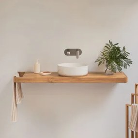 Zestaw Mebli Łazienkowych 130x45 Cm Wiszący Z Drewna Tekowego Neill Drewno Tekowe & Okrągły Ceramiczny Biały Ø40 Cm Lenka & Bezlusterkowiec & Szczotko