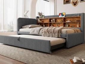 Sofa rozkładana 90×200 cm - z łóżkiem schowkowym - port USB + Type C - z półką - len - szara (materac nie jest zawarty)
