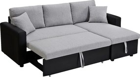 Kanapa narożna rozkładana GAZUR, dwustronna, z tkaniny i ekoskóry – kolor czarny i szary