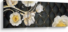 Obraz białych kwiatów róży (z zegarem) (90x30 cm)