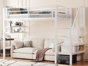 Łóżko mezzanine 90x200cm - z drabiną do przechowywania - z barierkami - białe (bez materaca)