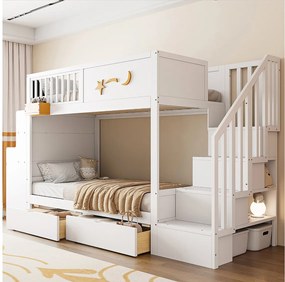 Łóżko piętrowe dla dzieci - 2 x 90 x 200 cm - z szufladami + schodki do przechowywania + biurko - lita sosna - białe