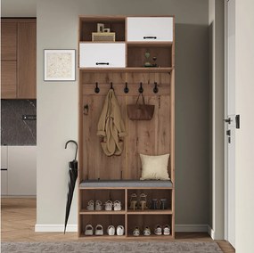 Komplet szafy z ławą + 5 wieszaków + 2 drzwi + 6 schowków - 80 x 35 x 185 cm - płyta wiórowa - naturalny