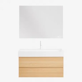 Zestaw Wiszących Mebli Łazienkowych Z Drewna I Forniru Jesionowego Zintegrowany Z Umywalką Ona Naturalna & Prostokątny Led - Sklum