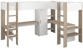 Łóżko antresola podwójne narożne 2 x 90 x 200 cm -  ze skrzynią i i biurkami - Biały i naturalny - LASCANO