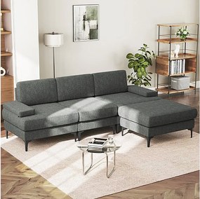 Narożna Sofa 3-osobowa z Weluru - z Pufą - Max. Obciążenie 650kg - 244x146x83cm - Szary