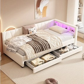 Sofa rozkładana 90x200 cm, beżowy len, łóżko pojedyncze, oświetlenie LED, 2 szuflady, port USB – materac nie jest wliczony w cenę