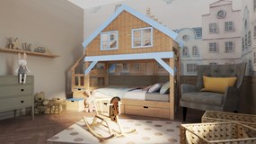Łóżko piętrowe domek Marulla 110P z oknami, schodkami i barierkami