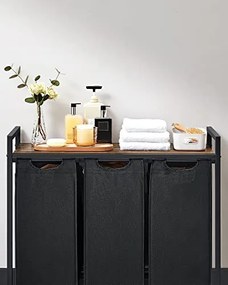 Kosz na bieliznę z półką BERGEN, 3x38l, czarny/brązowy SongmicsHome