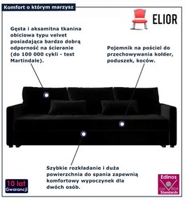 Czarna welurowa sofa rozkładana W3-M28