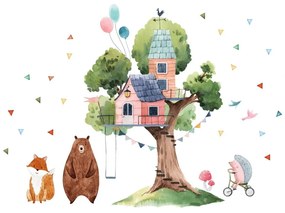 Naklejka ścienna dla dzieci Ambiance Giant Tree and the Hut of Happiness, 90 x 120 cm
