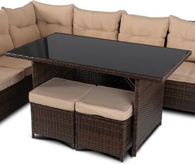 Zestaw Mebli Ogrodowych DALLAS Brązowy/Beżowy Narożnik Pufy Stolik Tarasowy Technorattan Nowoczesny