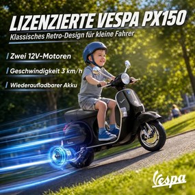 AIYAPLAY Elektryczny motocykl dziecięcy Vespa PX150 12V z akumulatorem litowym 35W 2 silniki 25° ograniczenie skrętu dla dzieci 3-6 lat | Aosom PL