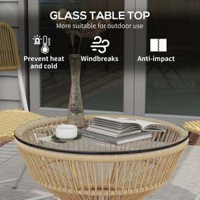 Outsunny Stolik boczny z rattanu Ø60 cm z hartowanym szklanym blatem Styl boho do ogrodu i balkonu Drewno naturalne | Aosom PL