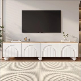 Szafka RTV 180 x 40 x 45 cm z 4 drzwiami - z 6 metalowymi nóżkami kulowymi - do telewizora 80 cali - MDF - biała