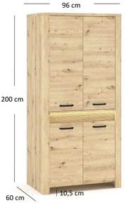 Szafa czterodrzwiowa z półkami i drążkiem podświetlana dąb artisan W3-M65