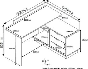 Biurko narożne z kontenerkiem Filo 2, kolor biały mat/dąb artisan, 129 cm