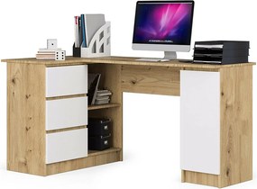 Biurko narożne AKORD B20 Dąb Artisan 155 cm lewe 1 drzwi 3 szuflady kolor Biały mat 4 półki 155x85x77 cm