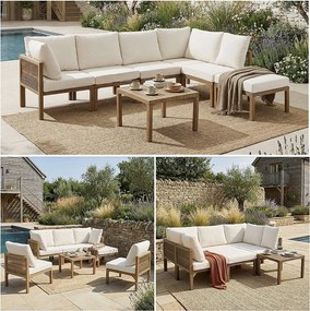Zestaw mebli ogrodowych modułowych - z sofą narożną + 1 pufą + 1 stolikiem - rozkładany do spania - Poliester - beżowy